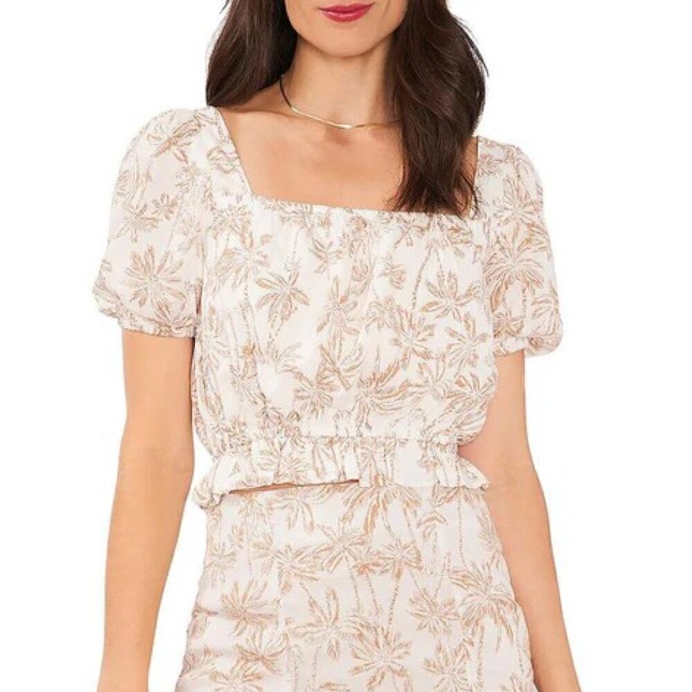 NWT 1.State Womens Printed Rayon Cropped Blouse White Etched Palm Size S and L